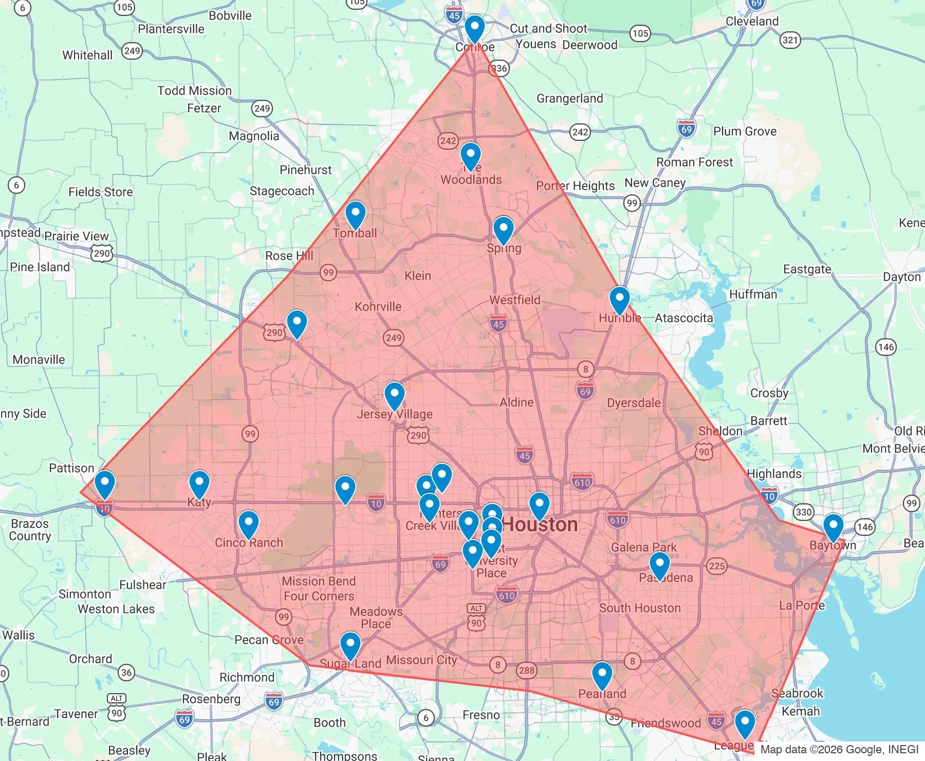 Map of the Houston Roofing & Construction service area, from Conroe south to League City and from Brookshire east to Baytown